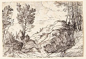 Korsvej med et hus by Lodewijk de Vadder