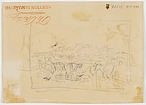 Kreaturer og høns foran huse by Theodor Philipsen