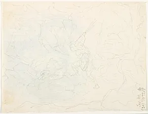Kriger dræber drage i et landskab by Lorenz Frølich