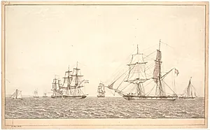 Krigsskibe under sejl i sundet. by C.W. Eckersberg