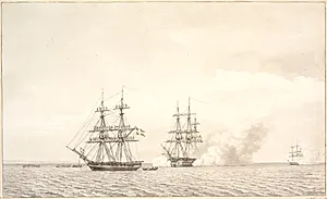 Krigsskibene salutere idet Kronprins Frederik og Gemalinde ro ind til Kjøbenhavn den 22 juni 1841.Fremstillet er briggen Allart, linieskibet Christian Vlll og kovetten Flora. by C.W. Eckersberg