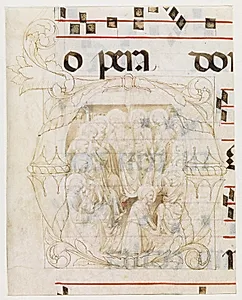 Kristus, der vasker apostlenes fødder i initialet D (Johs. 13.3-9), tekstfragmenter og noder