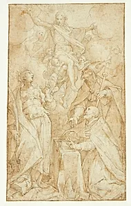 Kristus i skyerne, båret af engle, viser sig for en biskop ved en læsepult, en biskophelgen (Skt. Augustin?) og Catarina af Alexandria by Denys Calvaert