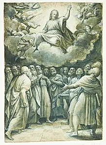 Kristus i skyerne omgivet af engle viser sig for apostlene by Marco Angolo del Moro
