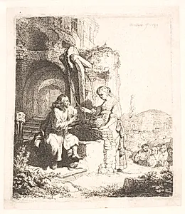 Kristus og den samaritanske kvinde ved brønden. Blandt ruiner by Rembrandt van Rijn