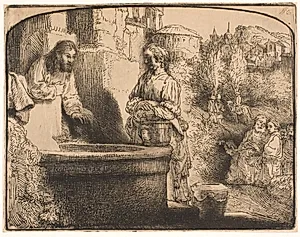 Kristus og den samaritanske kvinde ved brønden. Rundet f.o. by Rembrandt van Rijn