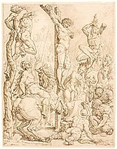 Kristus og røverne på korset by Maarten van Heemskerck