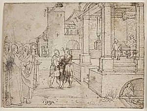 Kristus omgivet af apostle og farisæer by Hans Brosamer