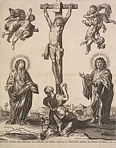 Kristus på korset, omgivet af Jomfru Maria, Maria Magdalene, Johannes Døberen og fire engle by Ubekendt