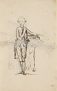 Kronprinsen stående med tætstillede ben, en face ved et bord, hvorpå der ligger et kort by Jens Juel