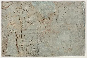 Kroppen af en romersk soldat, hvis hjelm ses liggende ved hans fødder, studie af siddende nøgen figur, set bagfra, samt summarisk facadeskitse (?) by Ubekendt