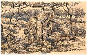 Krybskytte med hund i skov by Hans Smidth