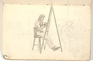 Kunstner ved staffeli, samt rids af figurer i baggrunden by Martinus Rørbye