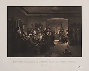 Kunstnere forsamlede om aftenen i Fincks kaffehus i München. by Adolph Kittendorff