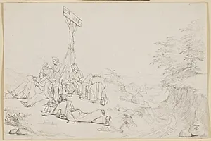 Kunstnere holder hvil ved et vejskilt "Roma". by Wilhelm Bendz