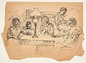 Kunstnerens familie siddende omkring et bord med en petroleumslampe by Peter Hansen