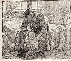 Kunstnerens hustru der holder sit barn frem