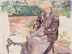 Kunstnerens kone, malerinden Anna Syberg, i smedens have by Fritz Syberg