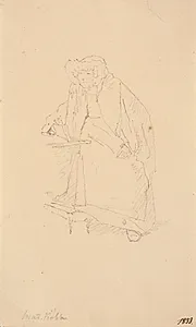 Kunstnerens moder Cecilie Margrethe Købke, siddende ved et bord holdende en bog i hånden by Christen Købke