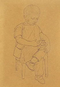 Kunstnerens søn Peter, hel figur, siddende med et dyr eller et stykke legetøj by Christen Købke