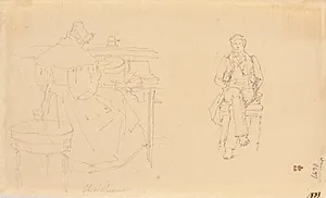 Kunstnerens søster Christiane, siddende ved sit ved sit sybord, med ryggen til. En siddende yngre mand, helfigur, en face by Christen Købke