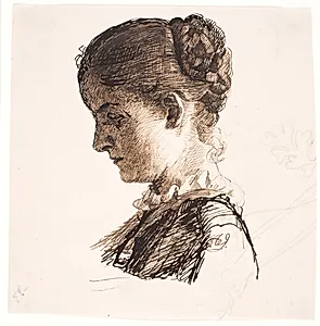 Kunstnerens søster Elisabeth. Profil t.v. Fletningefrisure by Kristian Zahrtmann