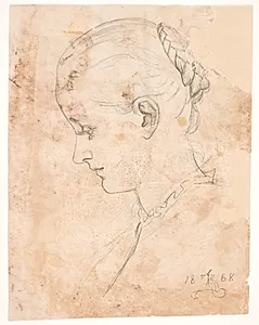 Kunstnerens søster Elizabeth. Profil t.v. Fletningefrisure by Kristian Zahrtmann