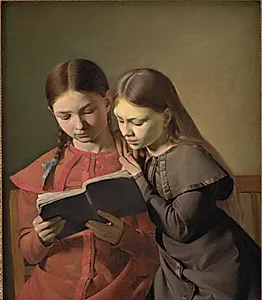 Kunstnerens søstre Signe og Henriette læsende i en bog