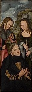 Kurfyrst Frederik den Vise af Sachsen (1463-1525) med helgeninderne Ursula (tv.) og Genoveva (th.)