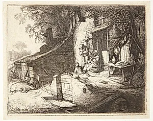 Kvinde, der spinder foran et bondehus by Adriaen van Ostade