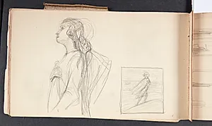 Kvinde i halvfigur og kappeklædt figur på en vindblæst høj by Agnes Slott-Møller