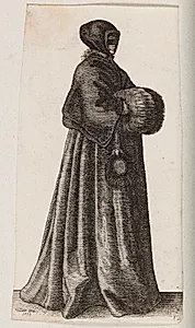 Kvinde klædt i sort med en maske, kyse og muffe by Wenceslaus Hollar