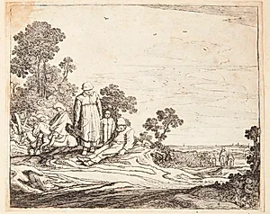 Kvinde med en kurv i hånden og en dreng bag sig, stående ved en siddende bonde by Pieter de Molijn