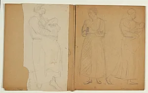 Kvinde med et barn i favnen og kvinde med foldede hænder. Studier til "Kristus velsigner børnene" (1937-38) by Niels Larsen Stevns