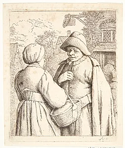 Kvinde med kurv i samtale med en mand by Adriaen van Ostade