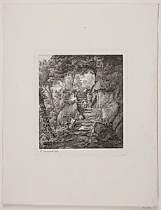 Kvinde og barn på en klippetrappe by Hermann Carmiencke