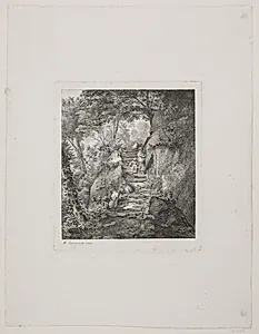 Kvinde og barn på en klippetrappe by Hermann Carmiencke