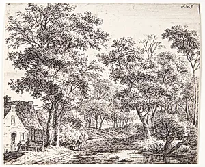 Kvinde på en lille bro by Anthonie Waterloo