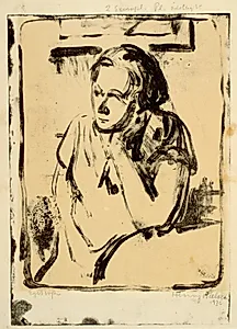 Kvinde sidder ved rundt bord med hånden under kinden by Henry Nielsen