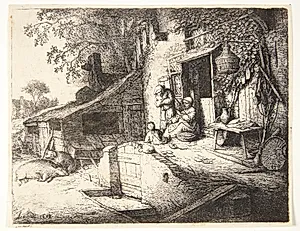 Kvinde, som spinder foran et bondehus by Adriaen van Ostade