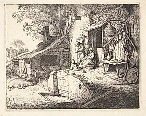Kvinde, som spinder foran et bondehus by Adriaen van Ostade