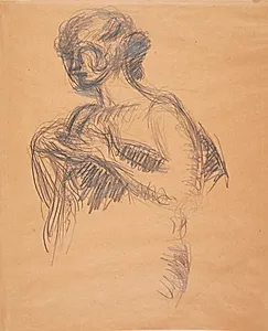 Kvindefigur (Besse, kunstnerens hustru). Halvfigur, trekvart profil mod venstre