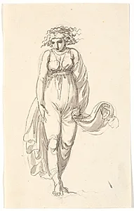 Kvindefigur en face, med klæderne presset ind som af blæst by Nicolai Abildgaard
