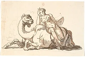 Kvindefigur med turban og halvmåne, siddende lænet mod en fantastisk kamel. Allegori på Asien by Nicolai Abildgaard