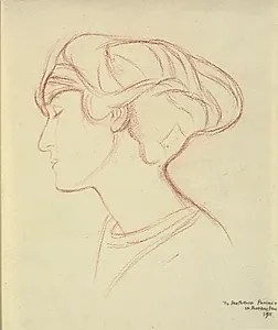 Kvindehoved (Parthenia Passano?) i profil mod venstre by William Rothenstein