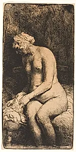 Kvindelig model, der bader sine fødder i en bæk by Rembrandt van Rijn