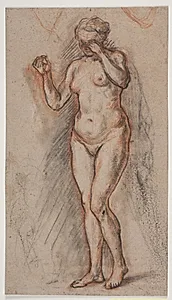 Kvindelig modelfigur med løftede arme, den venstre foran øjnene. by Jacques François Joseph Saly
