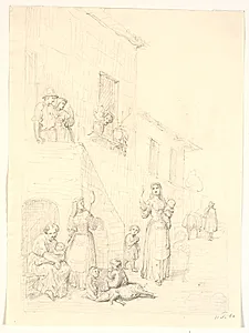 Kvinder og børn udenfor et italiensk hus by H.W. Bissen