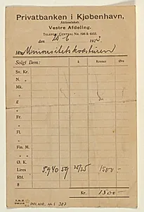 Kvittering fra privat banken på 1500 lire by Niels Larsen Stevns