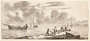 Kyst med fiskere på lavt vand by Reinier Zeeman